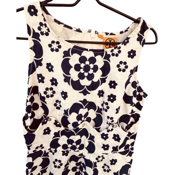 Tory Burch Women's Size 2 Floral Sleeveless Linen Dress Navy & White  Mini - Picture 3 of 9